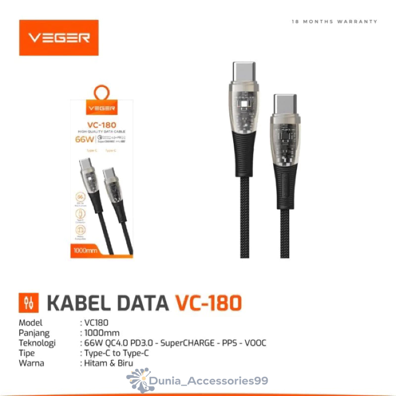 VEGER VC-180 TYPE C TO TYPE C 66W ชาร์จเร็ว (PD) สาย DATA ดั้งเดิม