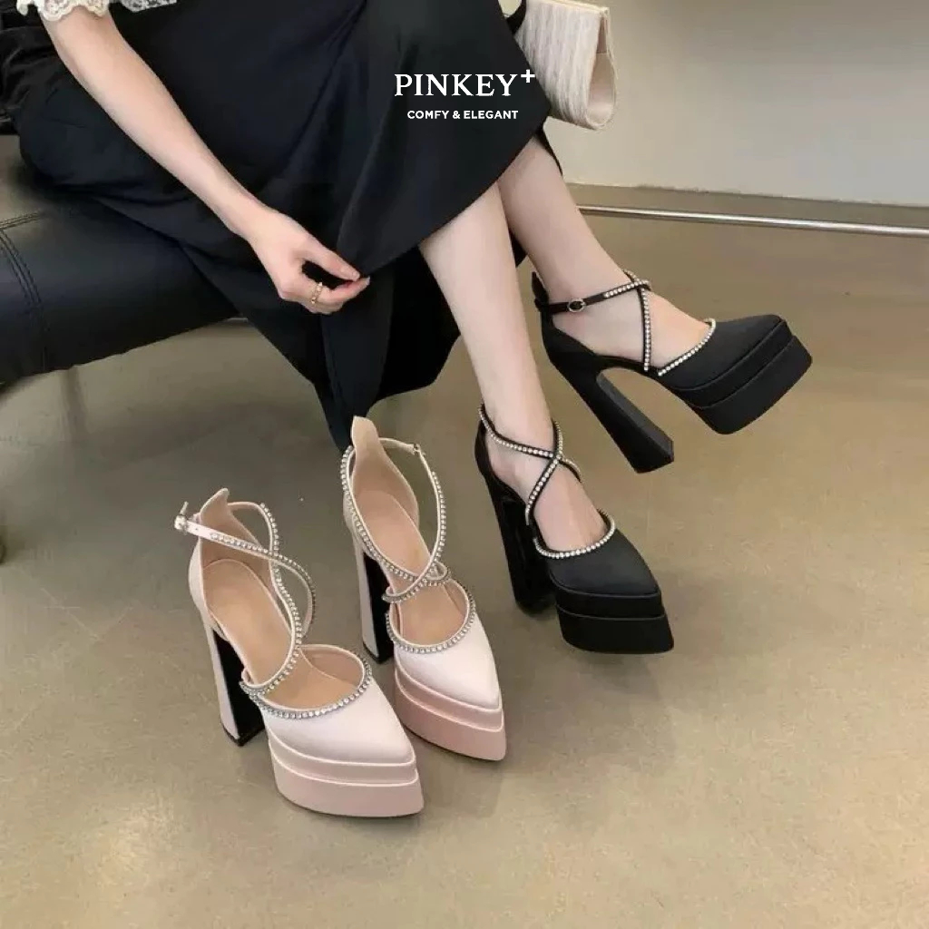 PINKEY P409 Luxury Womens Platform Heels Diamond Strap – High Block Heels Elegant Korean Party