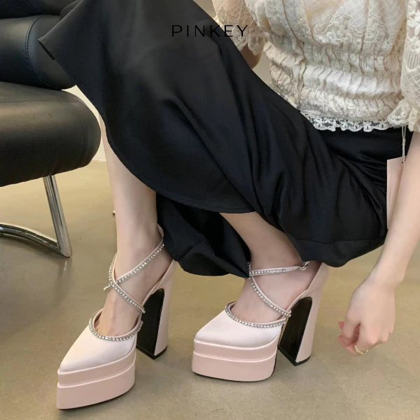 PINKEY P409 Luxury Womens Platform Heels Diamond Strap – High Block Heels Elegant Korean Party