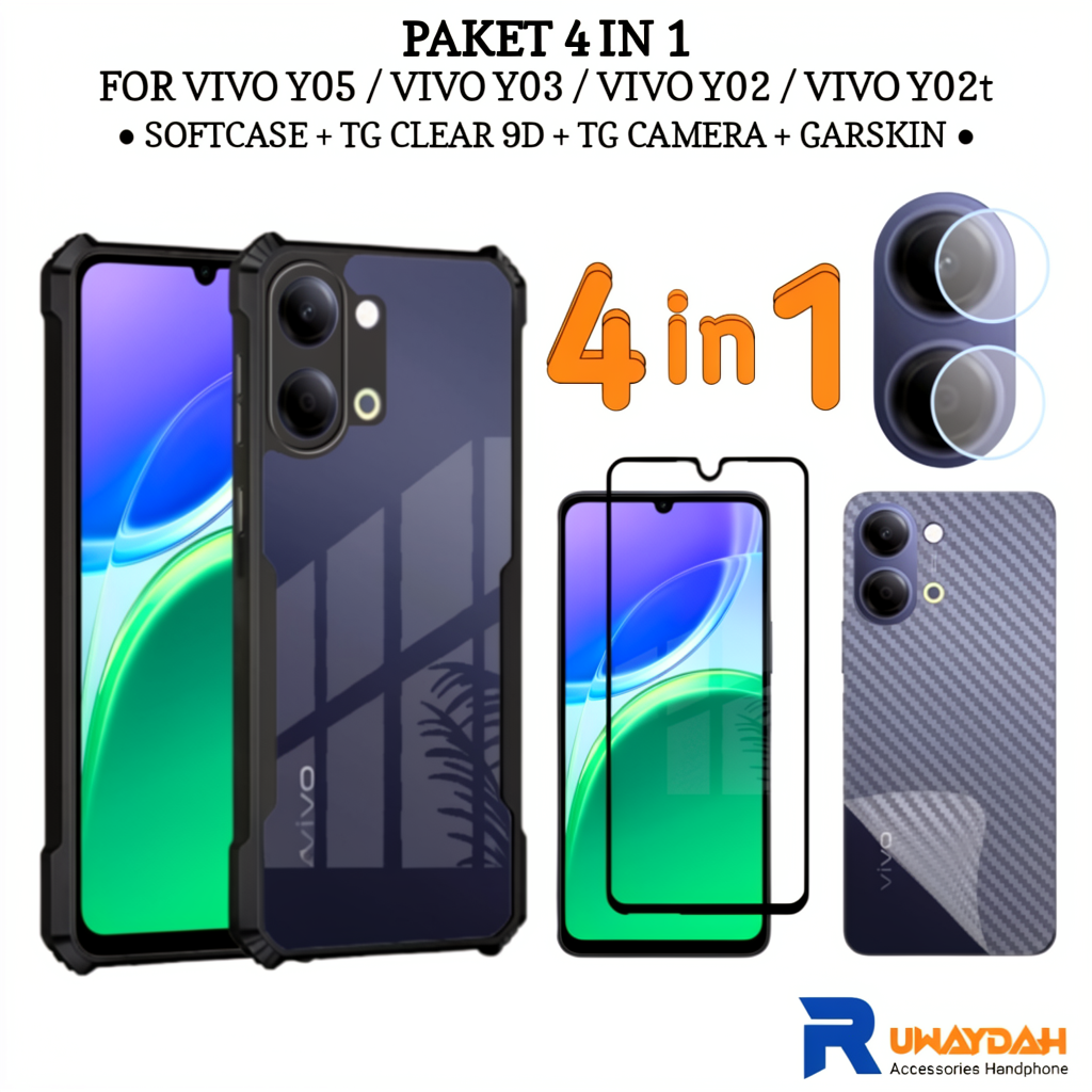 Vivo Y05 Y03 Y02 Y02t Softcase Package Anti-Scratch Casing Full Tempered Glass Camera Garskin