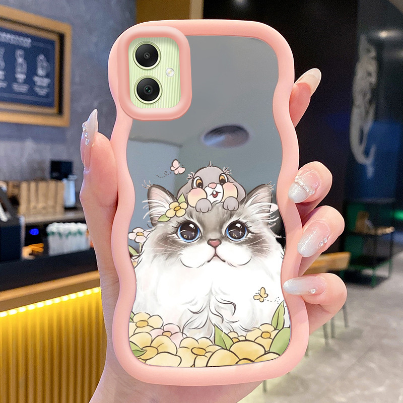 SAMSUNG ปลอกสําหรับSamsung A05 M05 F05 A05sกรณีCesingจําลองลูกแมวรูปแบบซิลิโคนขอบหยักกระจกปลอกSoftca