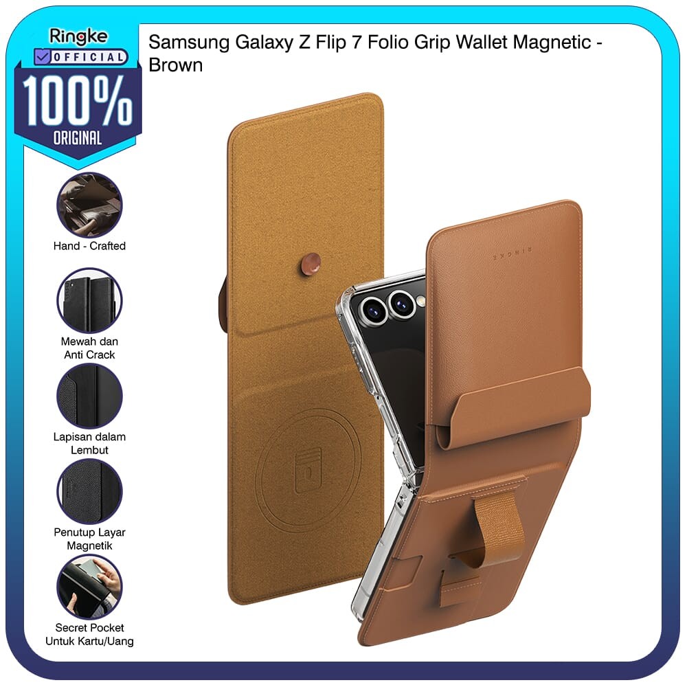 Ringke สําหรับ Samsung Galaxy Z Flip 7 Folio Grip Wallet Magnetic Brown Casing Magsafe Leather Holde