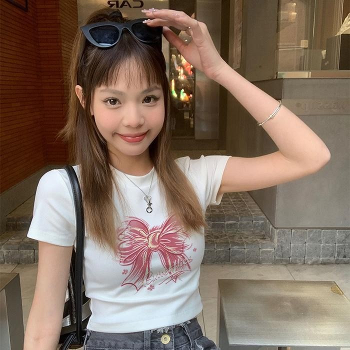 (Allthebest) PINYUN STORE I083 เสื้อครอปหนา y2k เสื้อครอปแขนสั้นผู้หญิงผูกโบว์