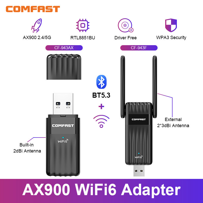Comfast AX900 WiFi6 อะแดปเตอร์ BT5.3 2.4G และ 5GHz 900Mbps WiFi adaptador บลูทูธ USB WiFi แบบไดรฟ์ฟร