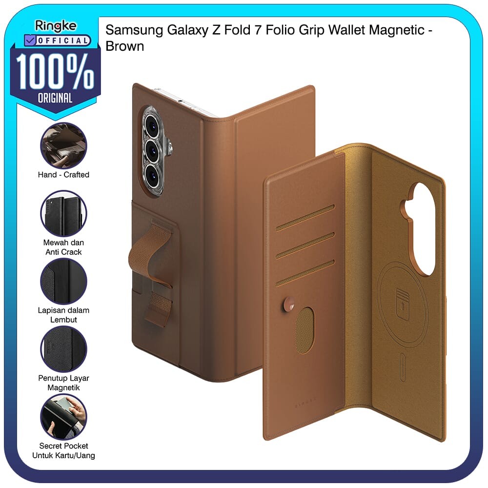 Ringke สําหรับ Samsung Galaxy Z Fold 7 Folio Grip Wallet Magnetic Brown Casing Magsafe Leather Holde
