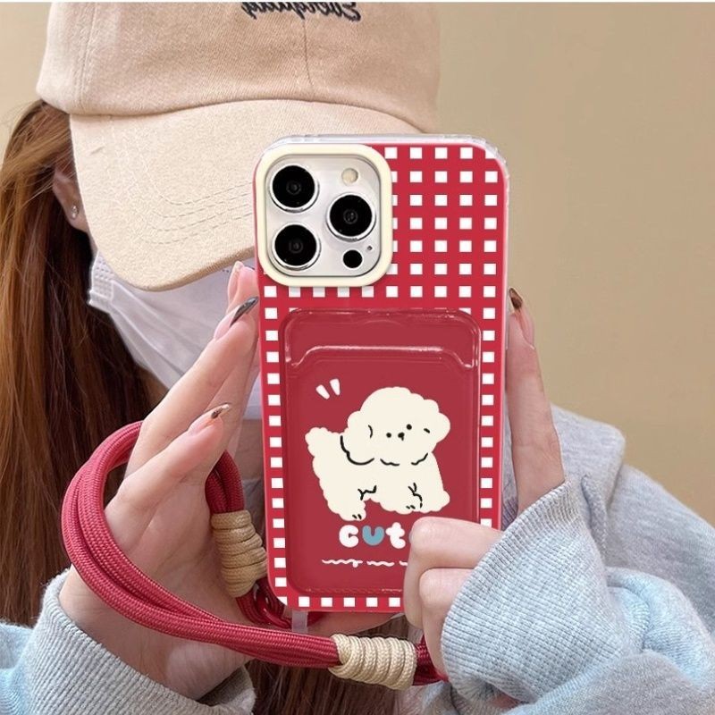 MERAH Retro Red Dog Lattice Card Holder Case Hp Iphone 17 Pro Max Ip 11 13 15 Pro Max Se 2022 16 Pro