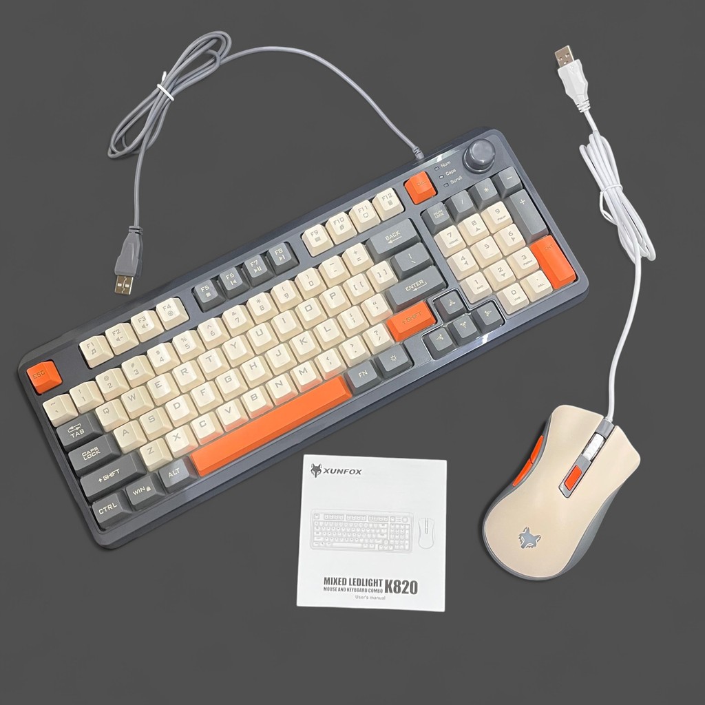 1 แพคเกจ XUNFOX คีย์บอร์ดเกม RGB LED USB แบบมีสาย 94 คีย์ปุ่มด้านบนพร้อมเมาส์ - K820