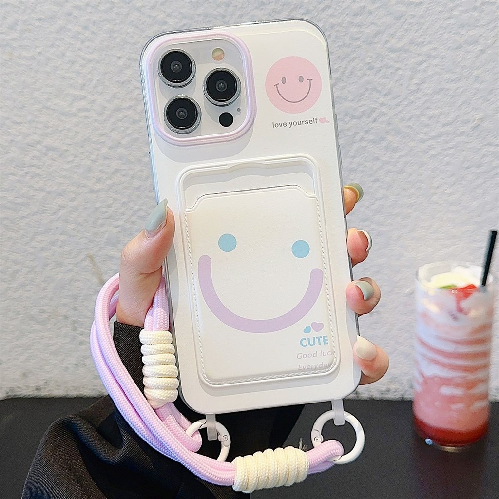 Smiley Face Strap Card Holder White Case Xiaomi 15T Pro F7 C85 Poco C71 X7 Pro 15 14 14T C75 C65 13T