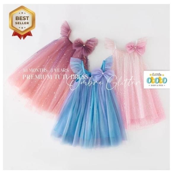 2-10th GLITTER OMBRE TUTU DRESS + กิ๊บติดผม - นําเข้าเกาหลีเสื้อผ้าเด็กเด็กทารก Tulle Tile DRESS
