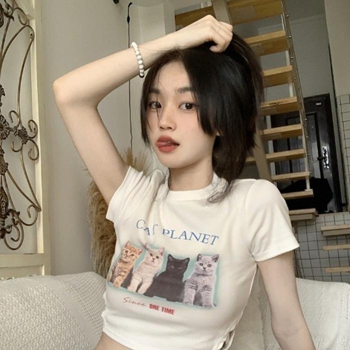 (Allthebest) เสื้อคอกลมแขนสั้น Cat Print Side Cross Strap Crop Tee Top 2935 (M/L/XL)