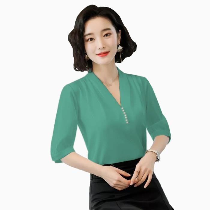 (Allthebest) เสื้อเบลาส์แขนสั้นแต่งมุกที่คอ - Jfashion Natya