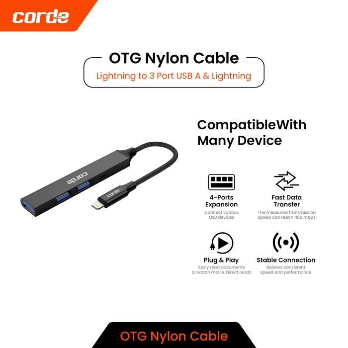 CORDE USB Hub พร้อม 3 พอร์ตและอะแดปเตอร์ Lightning สําหรับ iPhone และ iPad Female Lightning Connecto