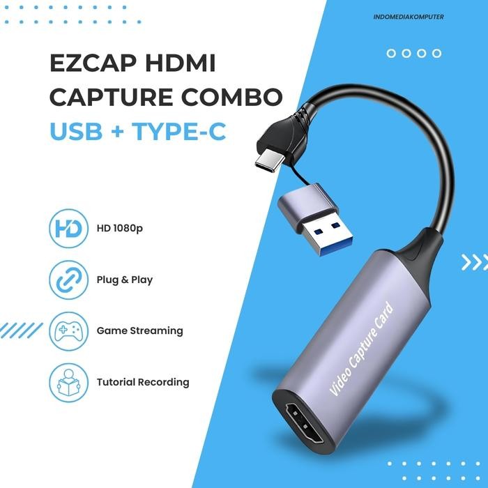 Ezcap การ์ดจับภาพ HDMI USB + Type-C การ์ดจับภาพวิดีโอ USB + Type-C Ezcap จับ HDMI 1080P