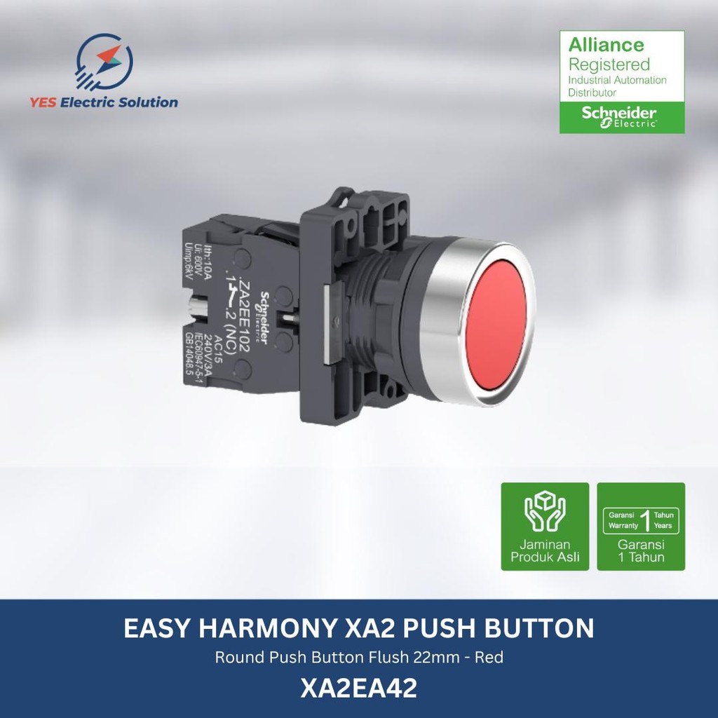 MERAH Schneider Electric Push Button Flush 22mm 1NC Red - XA2EA42