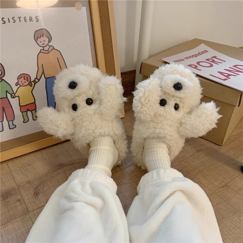 CUTE POODLE SLIPPERS / INDOOR FUR SLIPPERS / HOTEL SLIPPERS / SOFT FUR SLEEPING SLIPPERS WITH PUPPY 