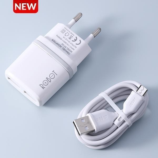 อะแดปเตอร์มือถือ- Robot Rt-K9 + สายเคเบิล 12W Dual Port 2.1A Micro Data Cable