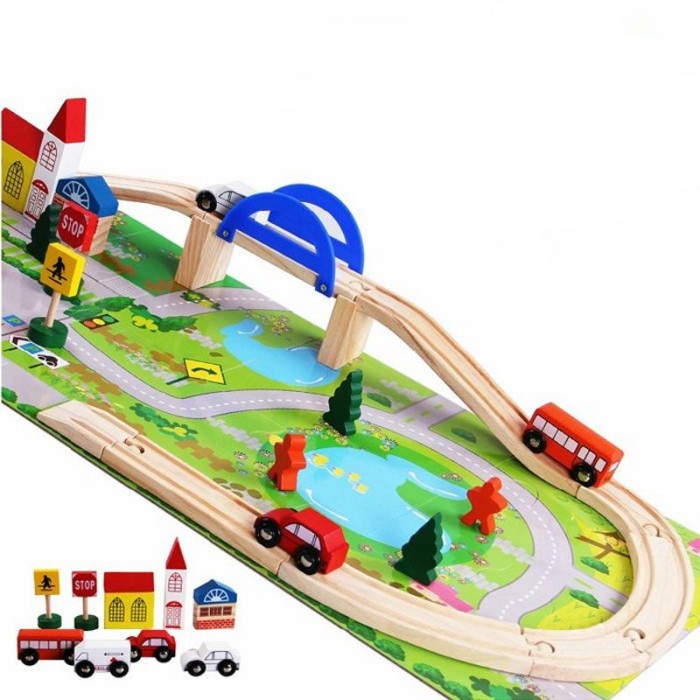 Playful Minds - ของเล่นเพื่อการศึกษาสําหรับเด็ก Rail Overpass รถไม้ของเล่นแผนที่ชุด