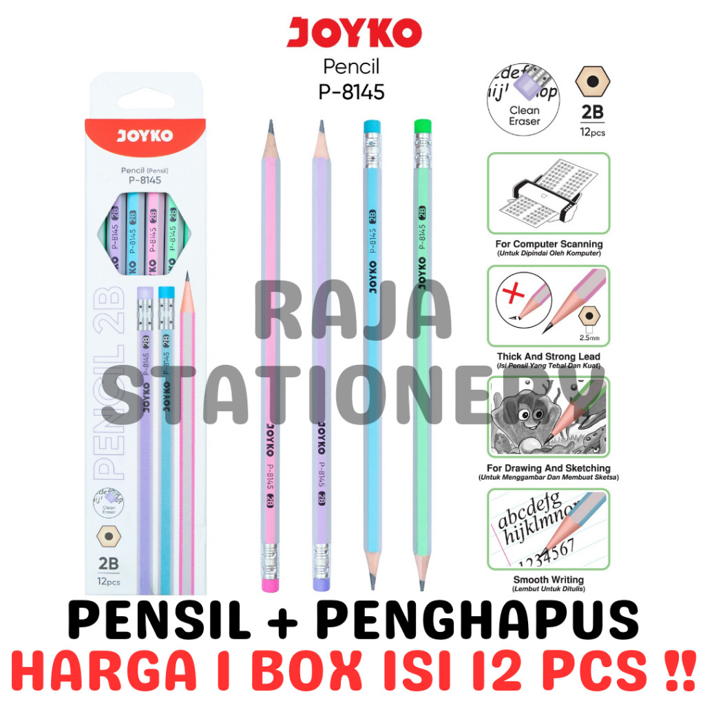 JOYKO PENCIL 2B PENCIL + WOODEN ERASER JOYKO 2B CHILDRENS EXAM BOX DOZEN P-8145 [12PCS] - RAJA BIGBO