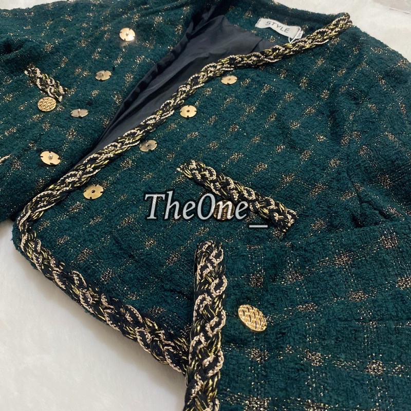 ใหม่ The0ne_ Premium Blazer Tweed Dark Green S/M/L/XL Cropped Outer Import 100%