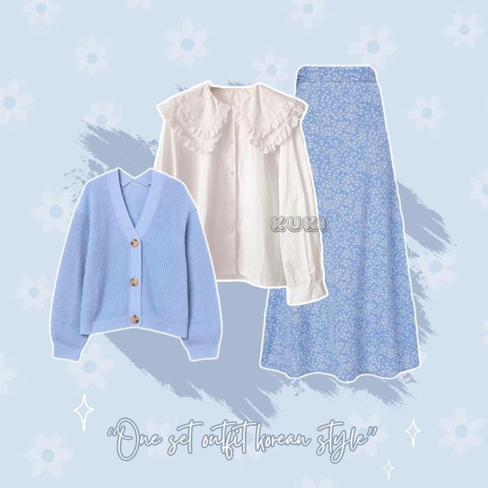 Elhijab- 1 Set coquette (Coquette Blouse + กระโปรงลายดอกไม้ + คาร์ดิแกน) One Set Outfit เกาหลี