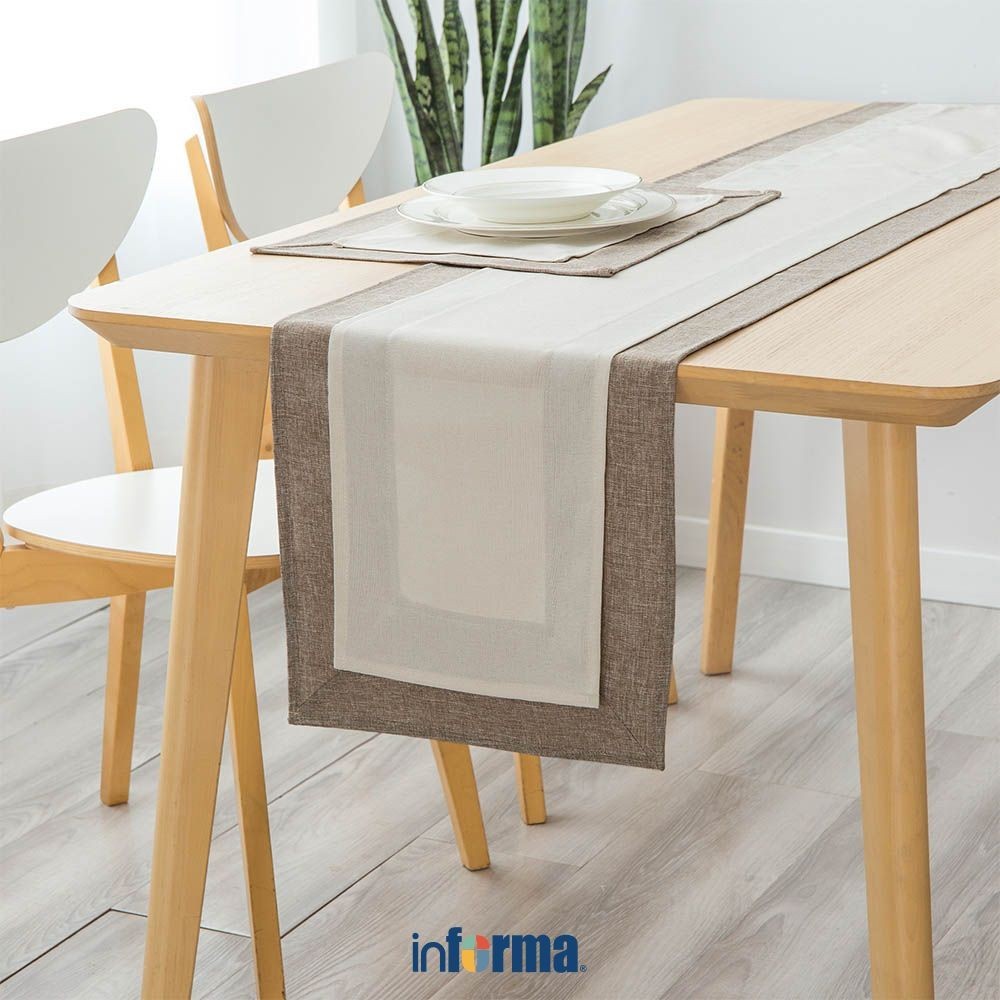 Inpa 33X160 cm Table Runner Linen Border - สีน้ําตาล Taupe อเนกประสงค์ Center Table Cloth Decorative
