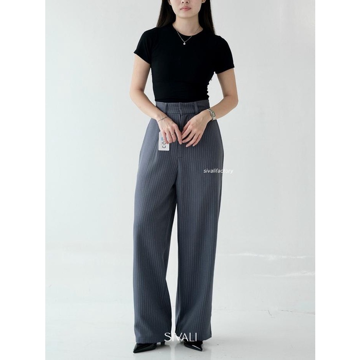 Sivali Gigi Pants Pants Pants - กางเกงต่อต้านริ้วรอยสตรี Semiwool Stripe - กางเกง Petite Dan
