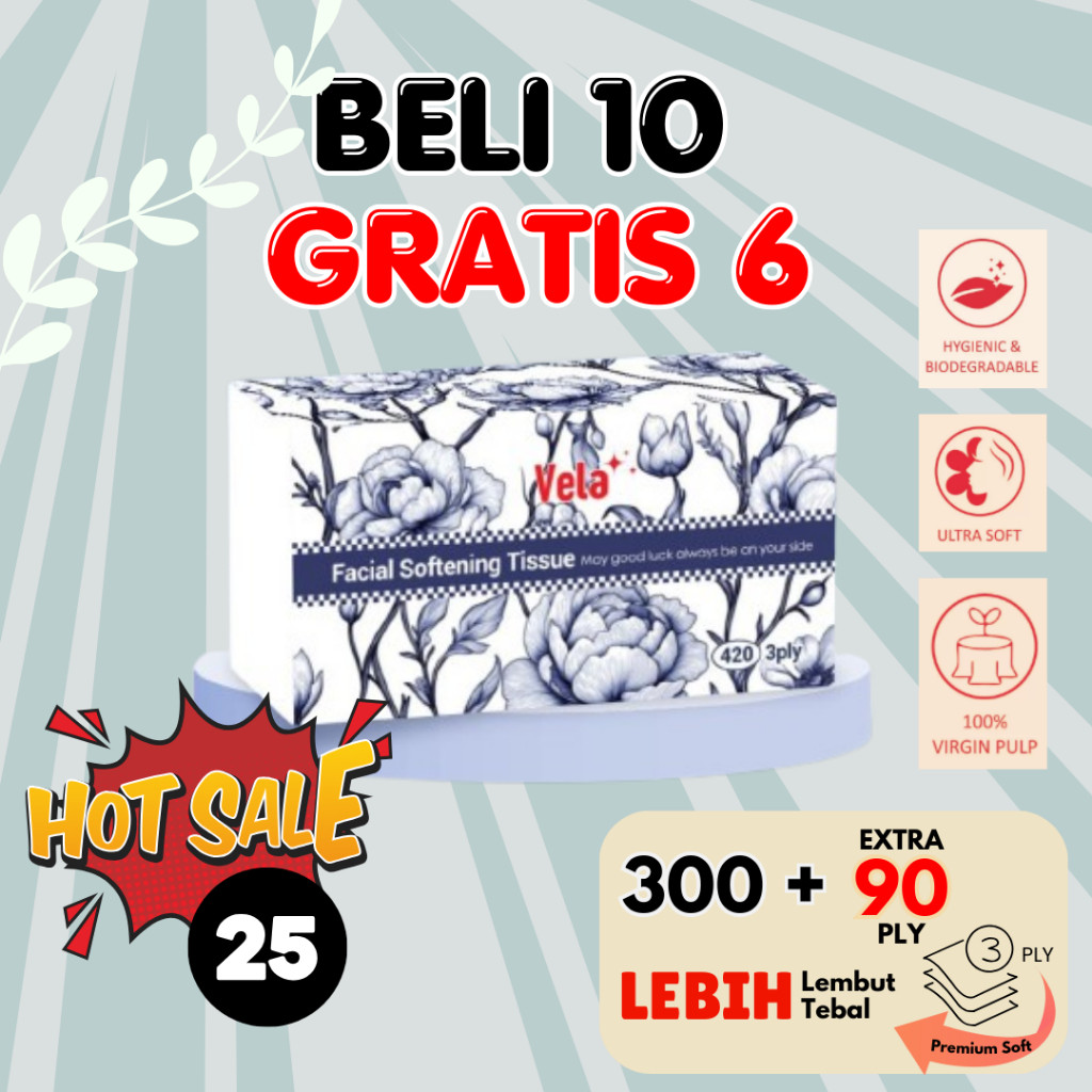 [ซื้อ 10 แถม 6 ฟรี] 3 ชั้น, 390 แผ่น กระดาษทิชชู่ Vela Vela ทิชชู่หรูหรา Vela Tissue ทิชชู่หนา