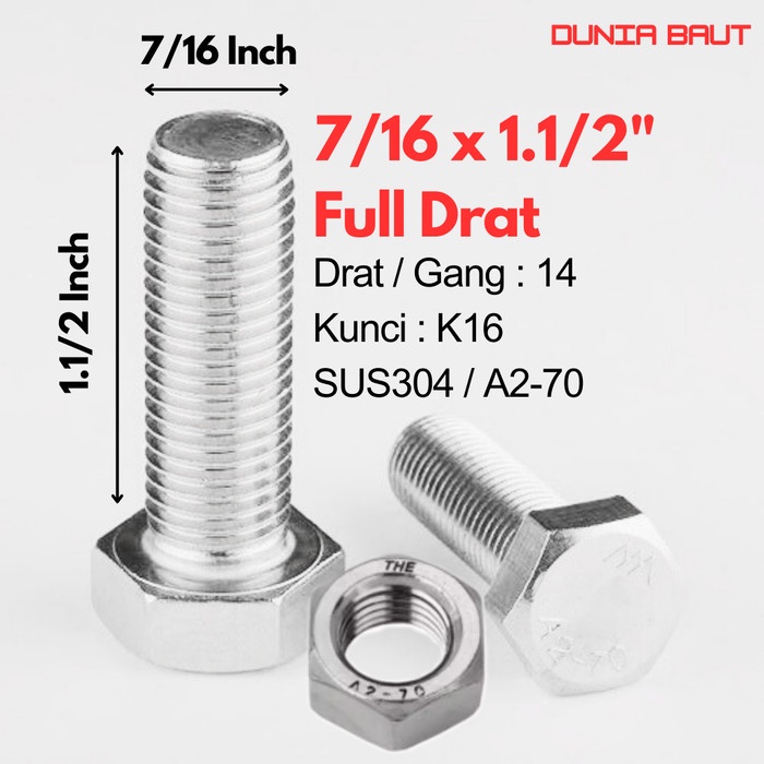 กลอนหกเหลี่ยมสแตนเลส 7/16 X 1.1/2 - กลอนหกเหลี่ยม 7/16X1.11/2 SS304 / SUS304 / A2-70 เกลียวเต็ม