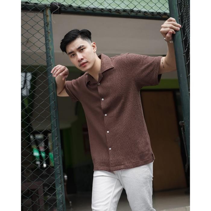 KEMEJA Otaru Waffle In Coffee Bowling Shirt - Premium Dark Brown Waffle Mens Bowling Shirt Byblank