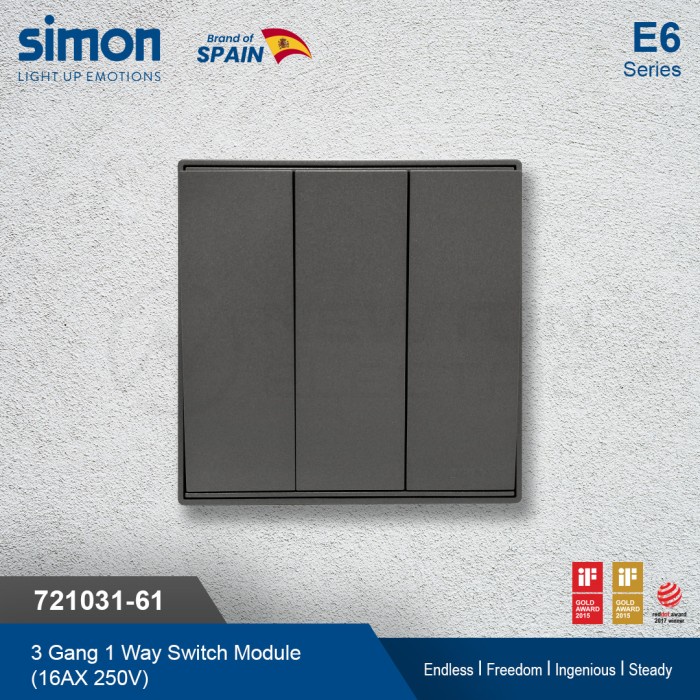 Simon E6 Triple Switch 3-Gang 1-Way Switch - สีเทา (ไร้กรอบ)