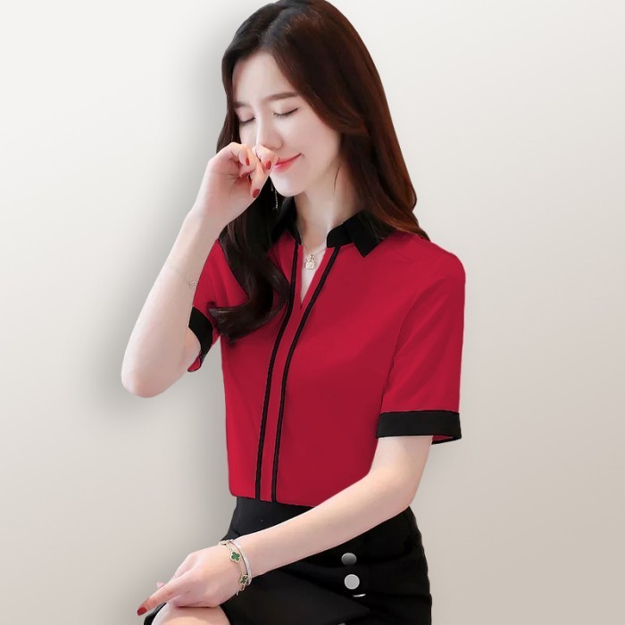 KEMEJA (Expert) เสื้อเบลาส์แขนสั้นผู้หญิงคอปกเสื้อเชิ้ต - Jfashion Rentata SS