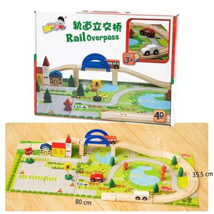 Playful Minds - ของเล่นไม้เพื่อการศึกษาสําหรับเด็ก Rail Overpass/ Garden Urban Car Track Rail