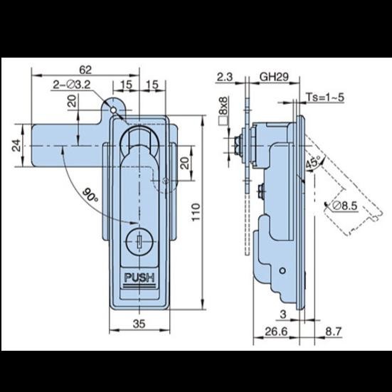 PUSH LOCK MS104C-3-1 PANEL KEY; DIMENSIONS: 35X110MM