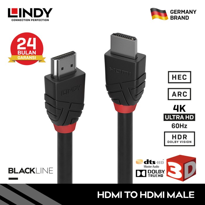 สาย HDMI LINDY 2.0 4K 60Hz UHD 3D HDR Dolby Vision, สีดํา