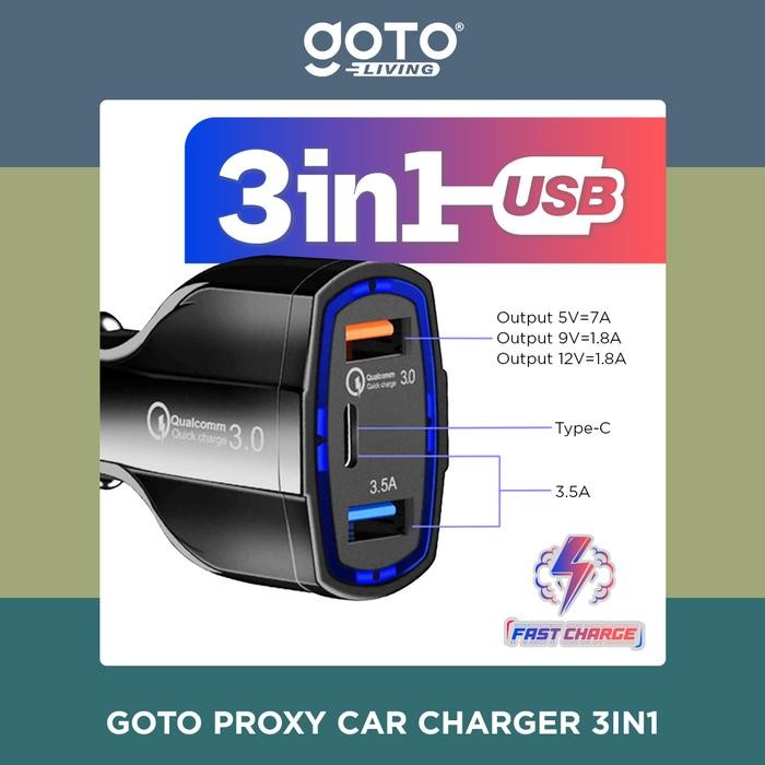 TimeToGo- Goto Proxy 3-in-1 USB TypeC อะแดปเตอร์ชาร์จในรถยนต์แบบชาร์จเร็ว