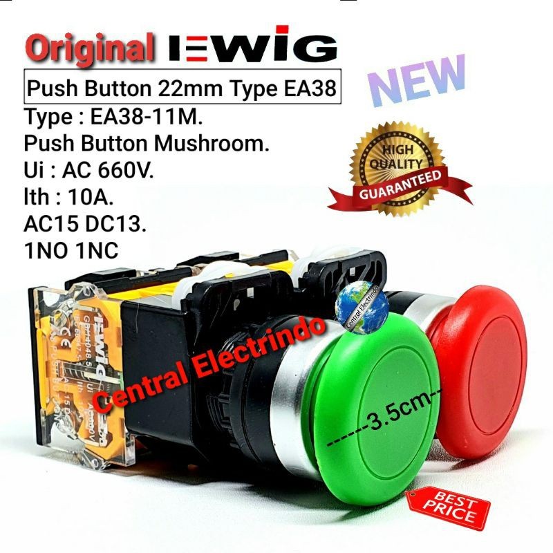 เห็ดปุ่มกด EWIG EA38-11M 22mm 10A AC 660V. [SoulsiACC]