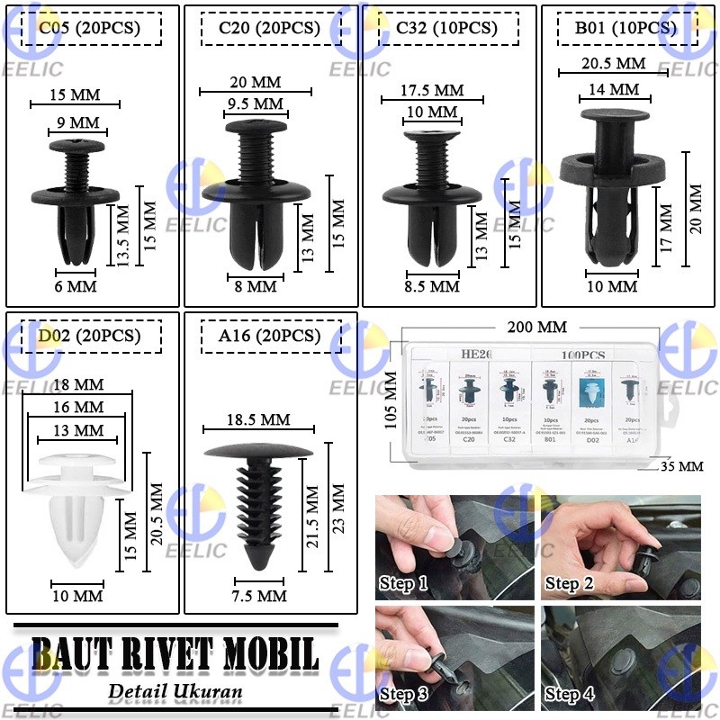 EELIC SEP-SETHE26 UNIVERSAL CAR RIVET BOLT//CLIP TRIM KIT ชุด 100 ชิ้น REGULAR BOLD RIVET ชุด