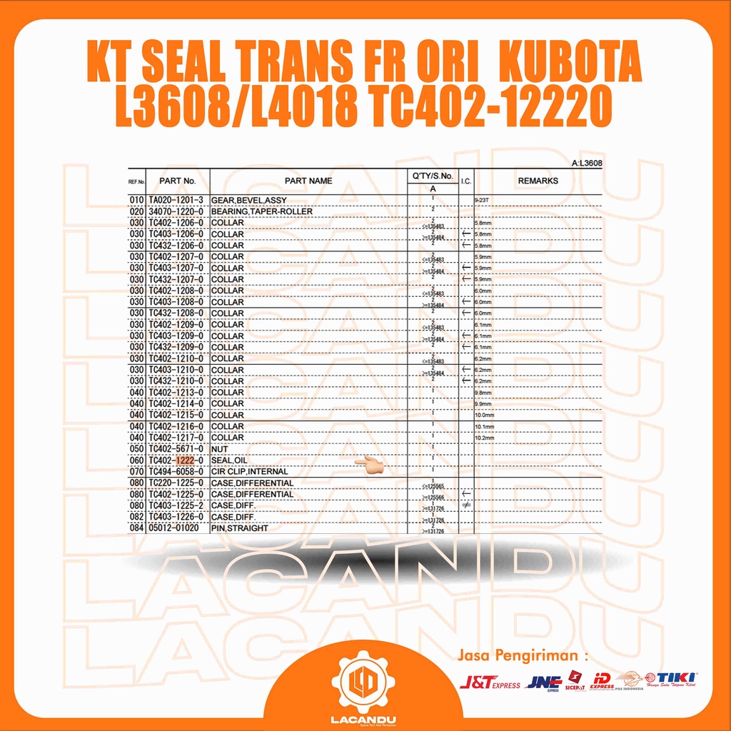 KT SEAL TRANS FR ORI KUBOTA L3608/L4018 TC402-12220 สําหรับล้อ TRACTOR4 LACANDU PART