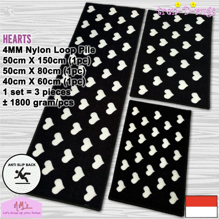 TREN-D-RUGS 3IN1 LOVE HEART FOOT DOOR CARPET 50X150 CM 50X80 CM และ 40X60 CM ANTI-SLIP MODERN MOTIF