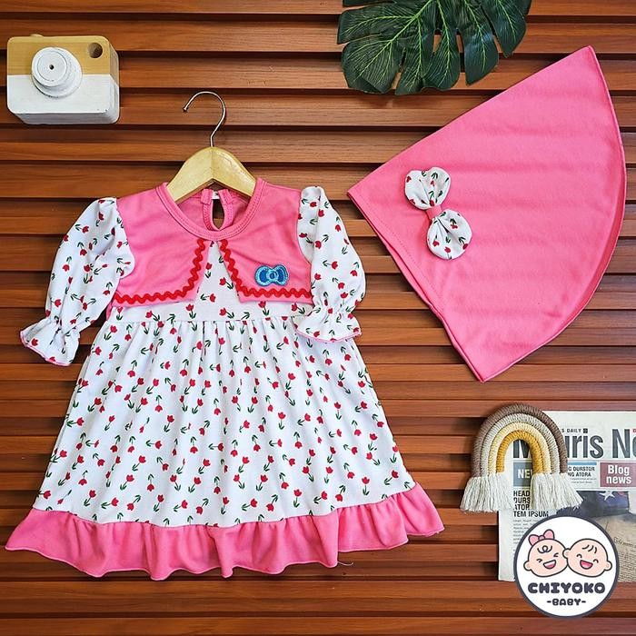 ทุกขนาด 0-12 Cute Baby Girl Eid Dress FREE Moon Girl Hijab Motif SNI มุสลิม