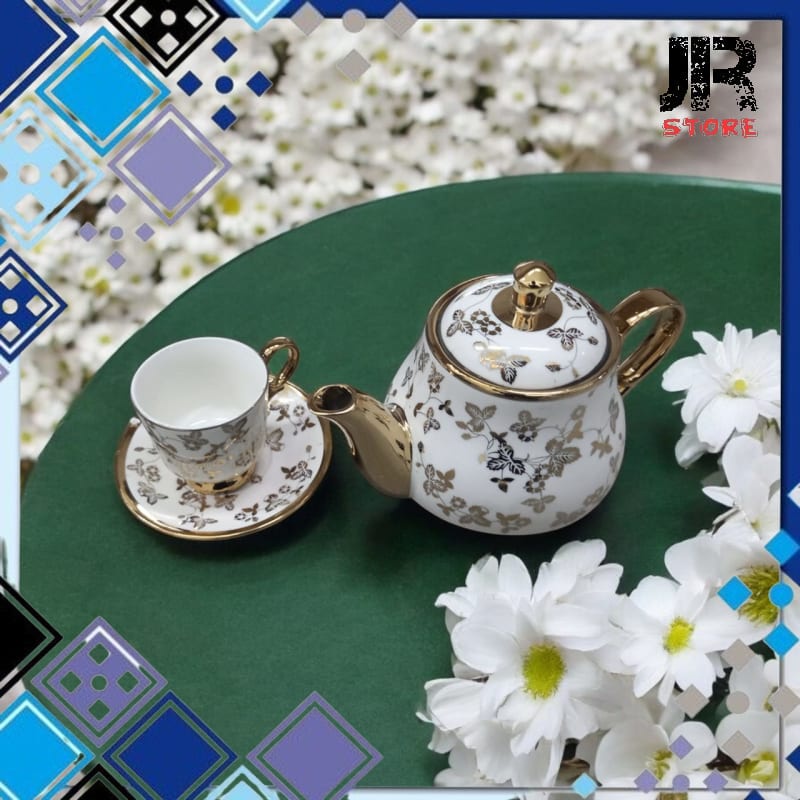 ชุดกาน้ําชาเซรามิก1กาน้ําชา6ถ้วยสไตล์หรูหราลายง โอ้13สีขาวหรือทอง