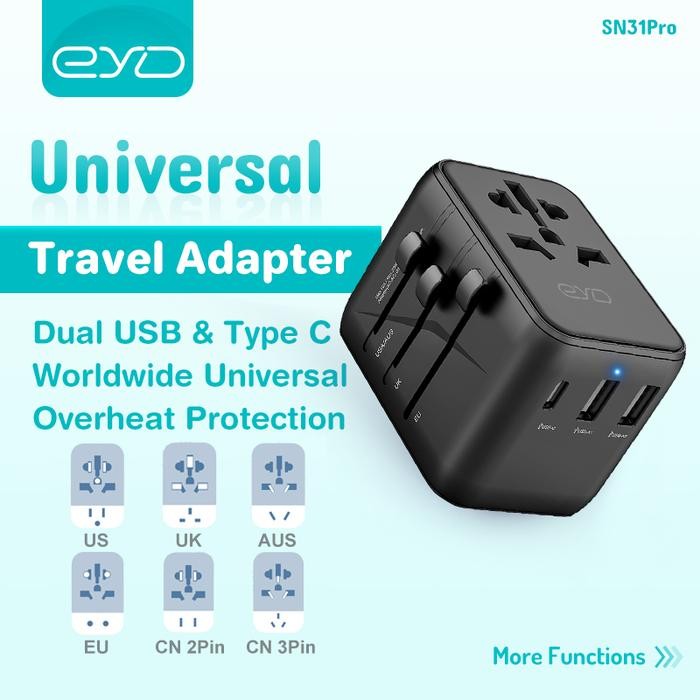 TimeToGo- Eyd Sn31 All-In-One Travel Universal Adapter Plug Charger พร้อม 2 Usb-C & 1 Usb-A