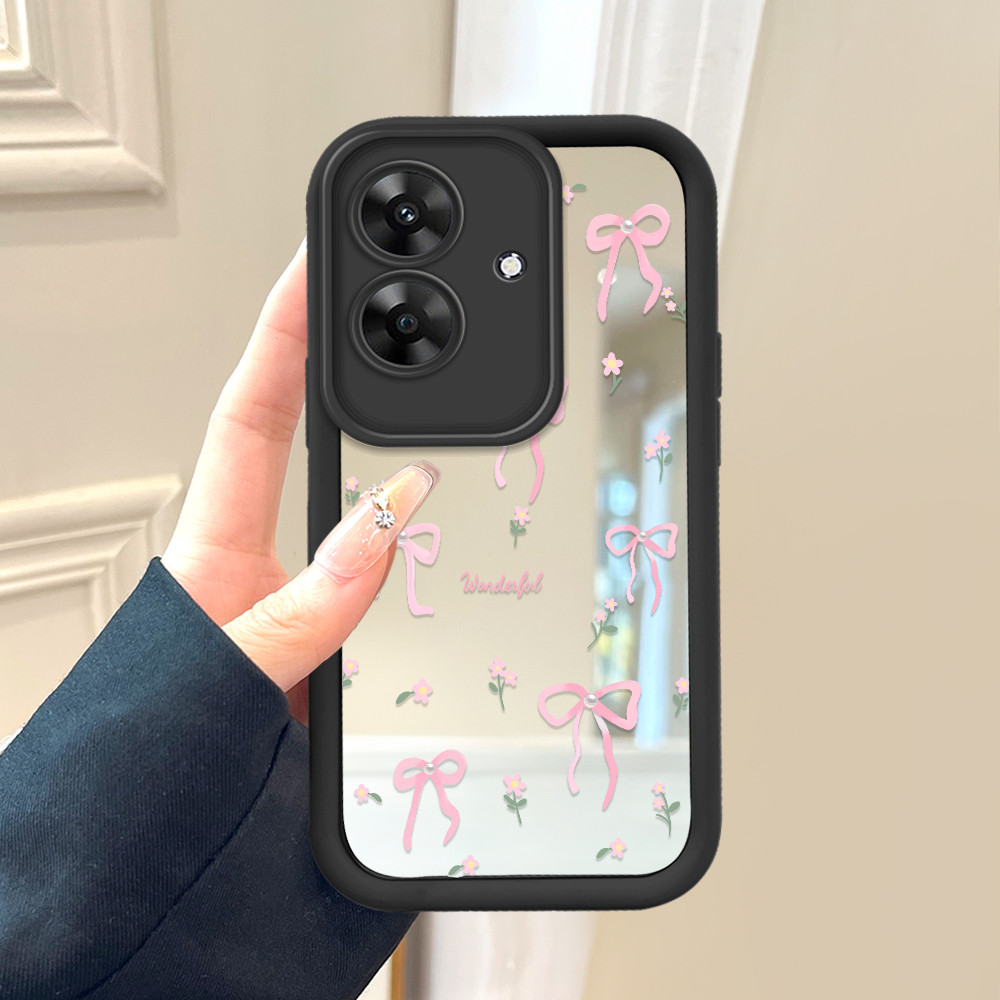 Realme Note 60 Narzo N61 สําหรับHpปลอกเคสโทรศัพท์Cesing Soft Coverดอกไม้สีชมพูโบว์ 8899 โหมดกระจกKes