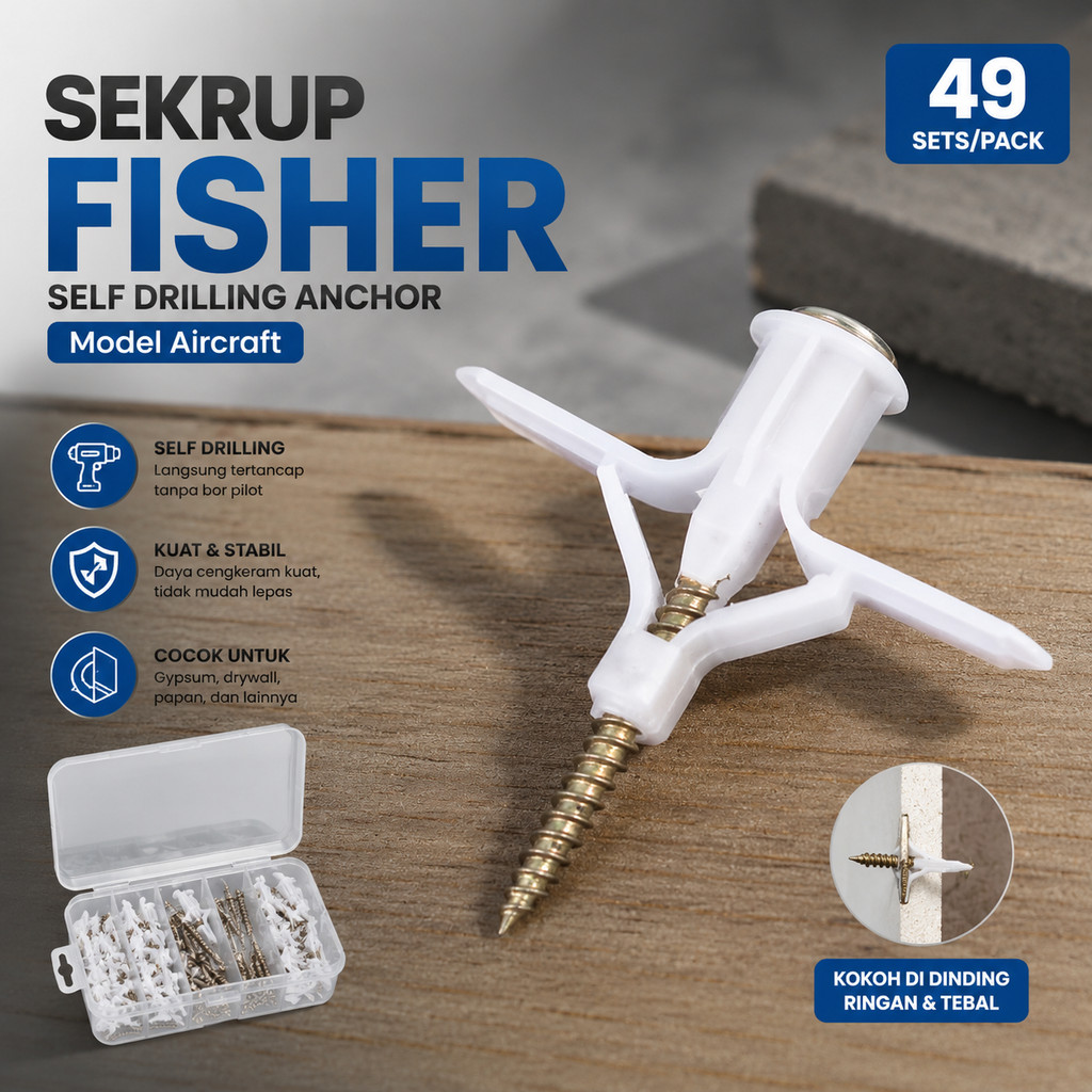 Fisher Self Punching Drywall Anchor 49 ชุด/แพ็ค - BH2 Anchor สีเทา Fischer Butterfly Type