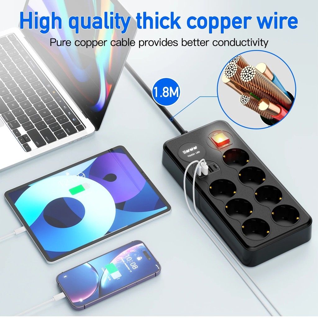 ROVU 7 ซ็อกเก็ตสายเคเบิล 2 USB A 2 USB C PD QC 1.8M 250V 3250W - BKL-E8
