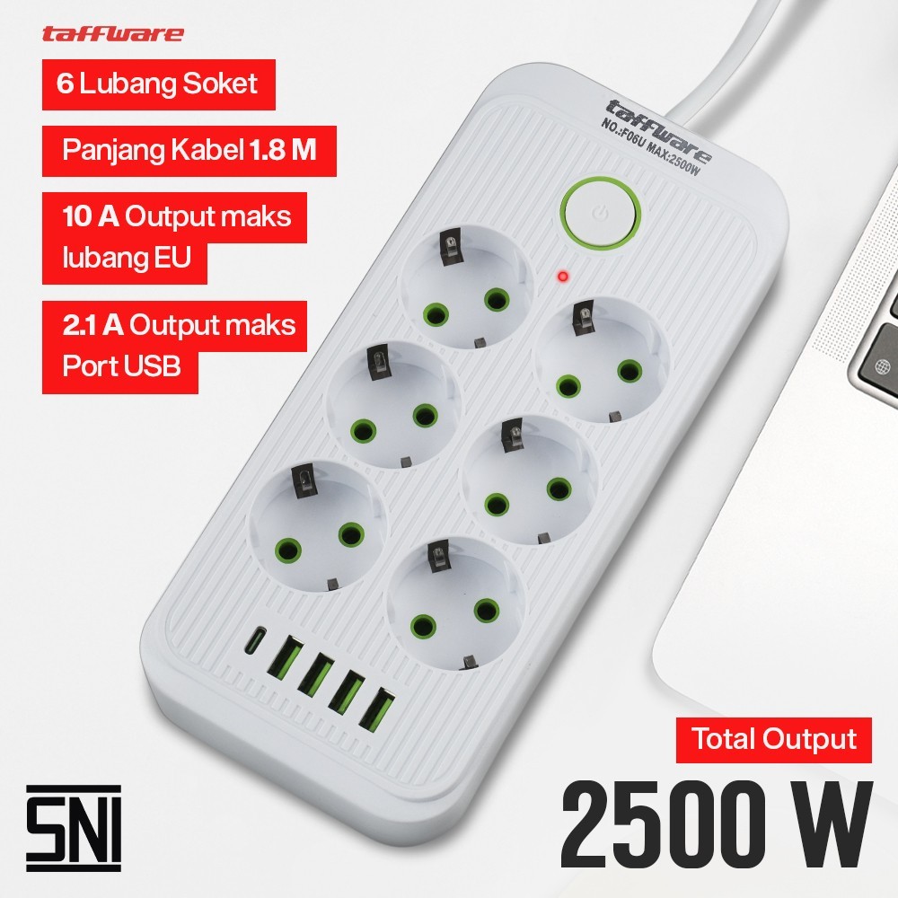 Taffware USB Type C ซ็อกเก็ตสายเคเบิล 10A 110-250V 2500W 1.8M 6 หลุม - QL-1075U/F06U