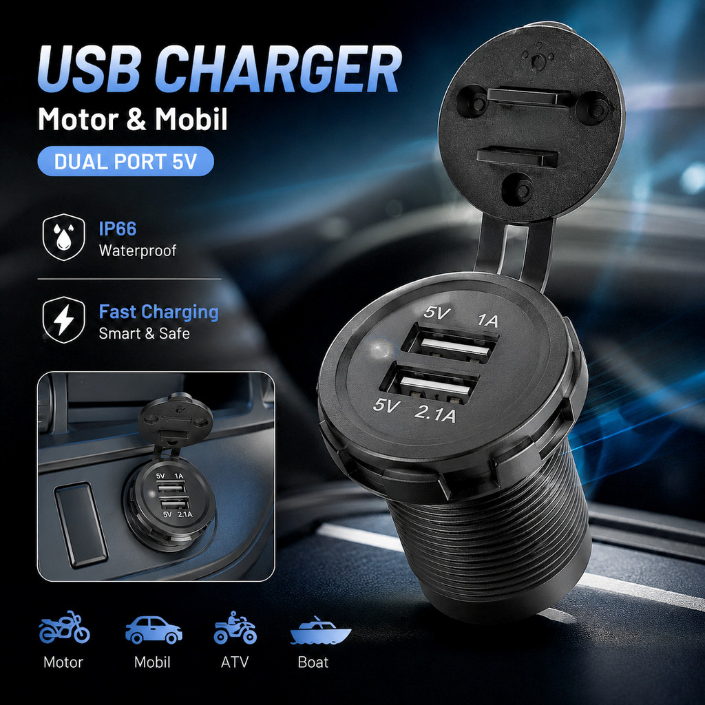 ยานพาหนะ USB Charger Motor Car Dual Port 5V IP66 Splashproof - 42557