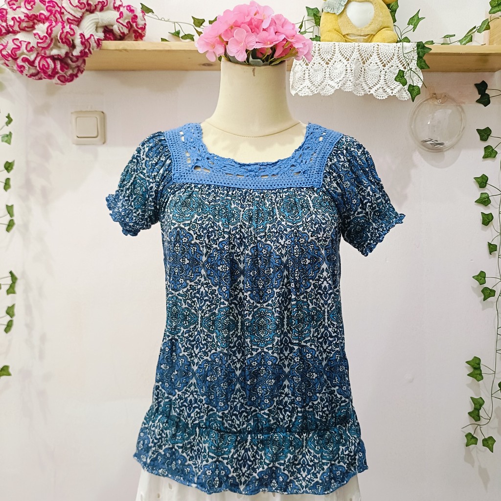 Mori Kei Blue Pattern Top - เสื้อยืดวินเทจลําลองฮาราจูกุ