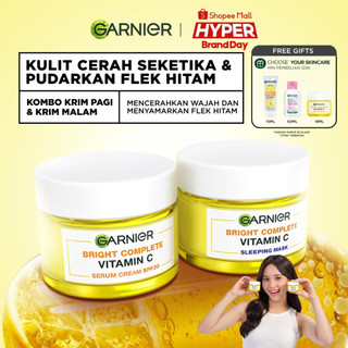 GARNIER Bright Complete Vitamin C Simple Set Day Cream & Night Cream 50 ml Krim Siang & Krim Malam Mencerahkan Bundle Paket Skincare 1 set lengkap moisturizer tone up pelembab wajah cream pemutih wajah glowing cepat