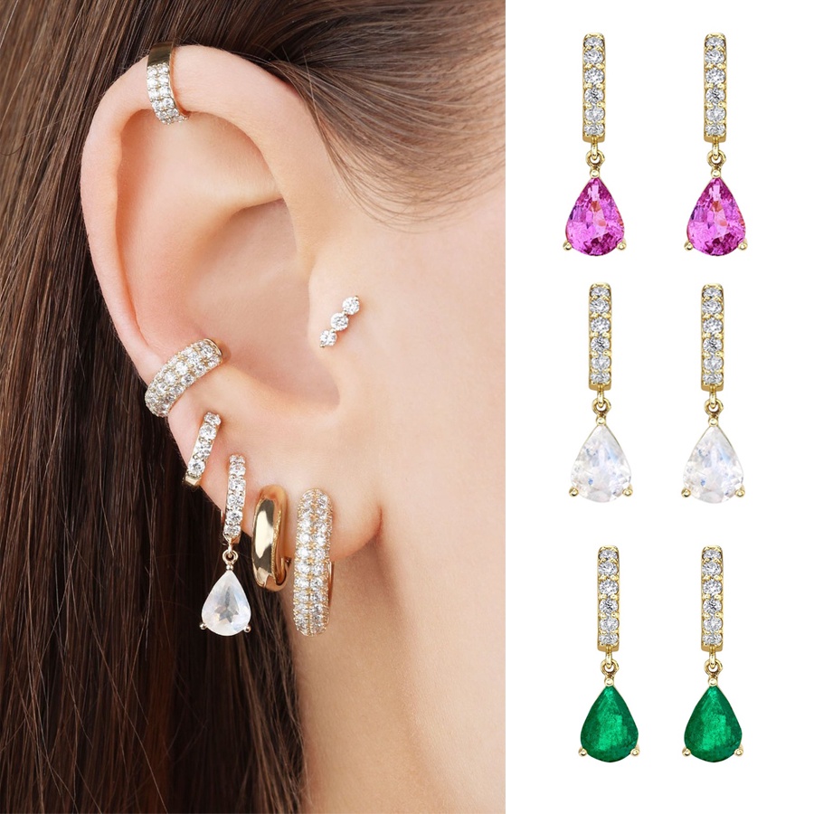 พร้อมส่ง ใหม่ ต่างหูทองเหลือง ชุบทอง 18K จี้ทรงหยดน้ํา ประดับเพทาย 1 คู่